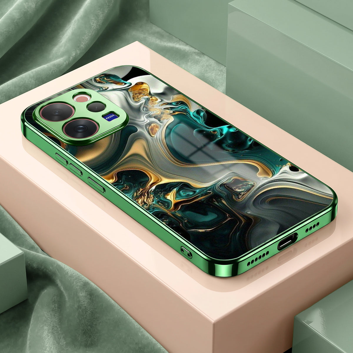 Vivo V70 Marble Green Electroplated Glass Back Case