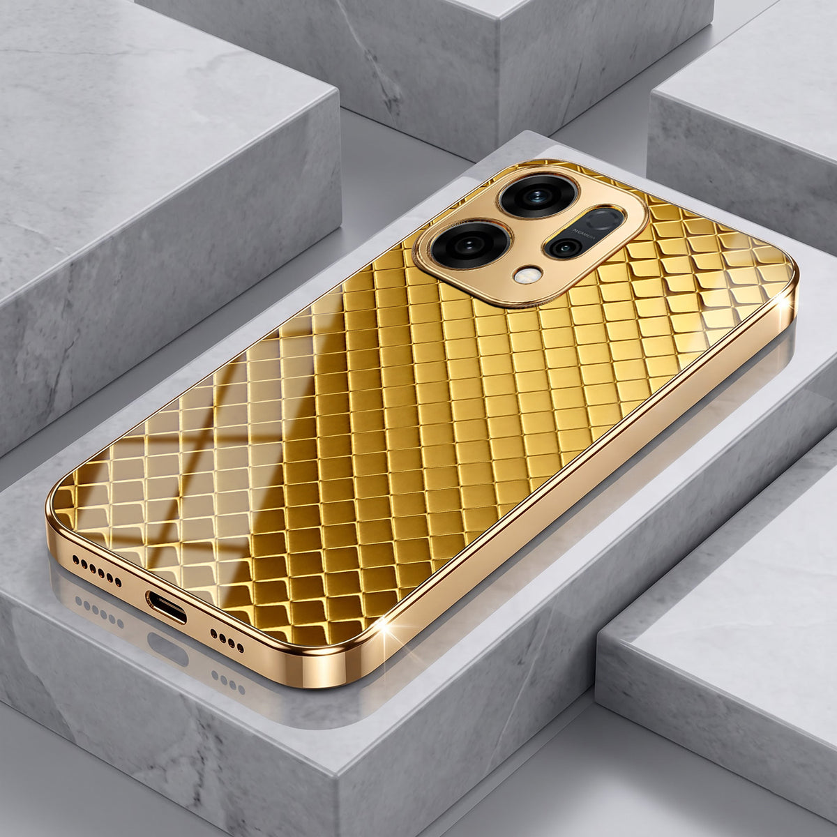 Oppo Reno 14 5G Golden Criss Cross Gold Electroplated Glass Phone Back Case