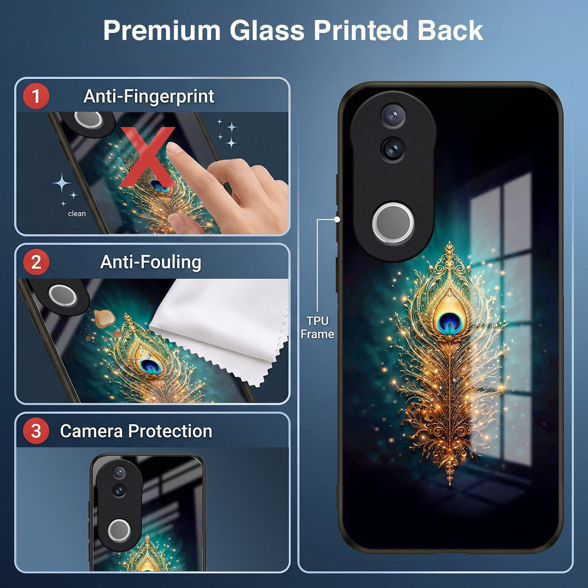 Vivo V50 5G Golden Peacock Feather Acrylic Glass Back Case