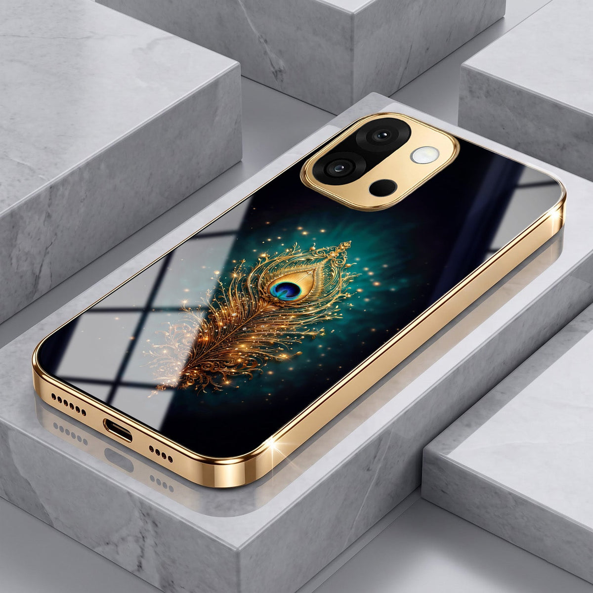 OnePlus 13s 5G Golden Peacock Feather Gold Electroplated Glass Phone Back Case