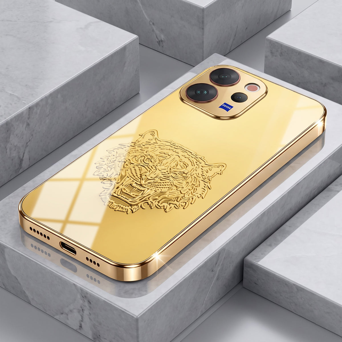 Vivo V70 5G Golden Tiger Face Gold Electroplated Glass Phone Back Case