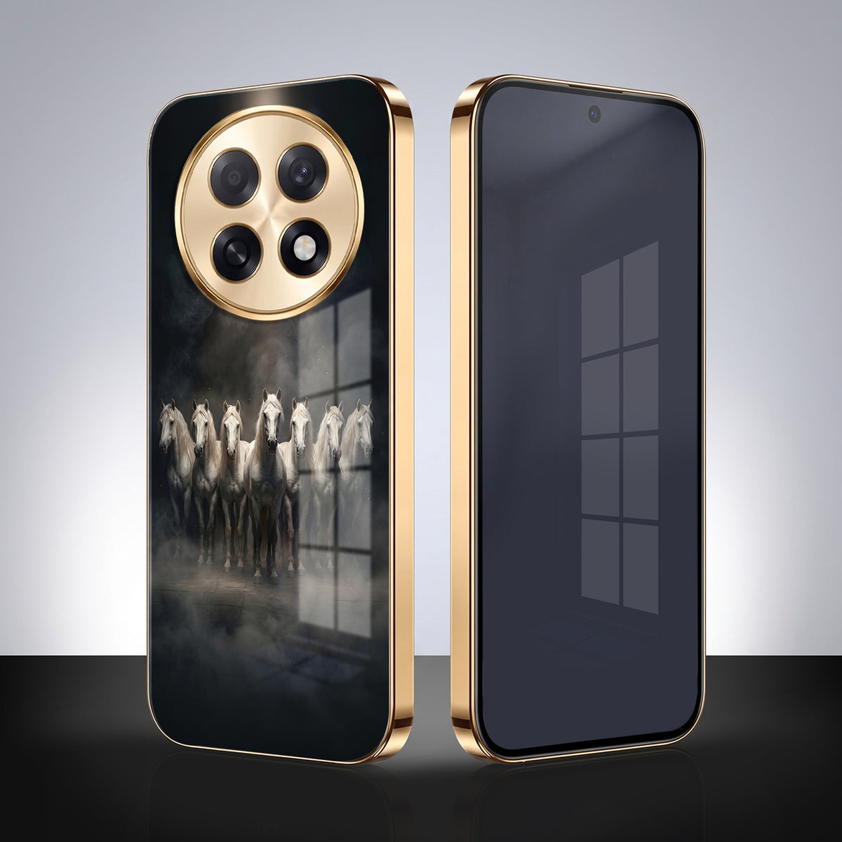 Oppo F31 Pro+ 5G Running Horses Gold Electroplated Glass Phone Back Case