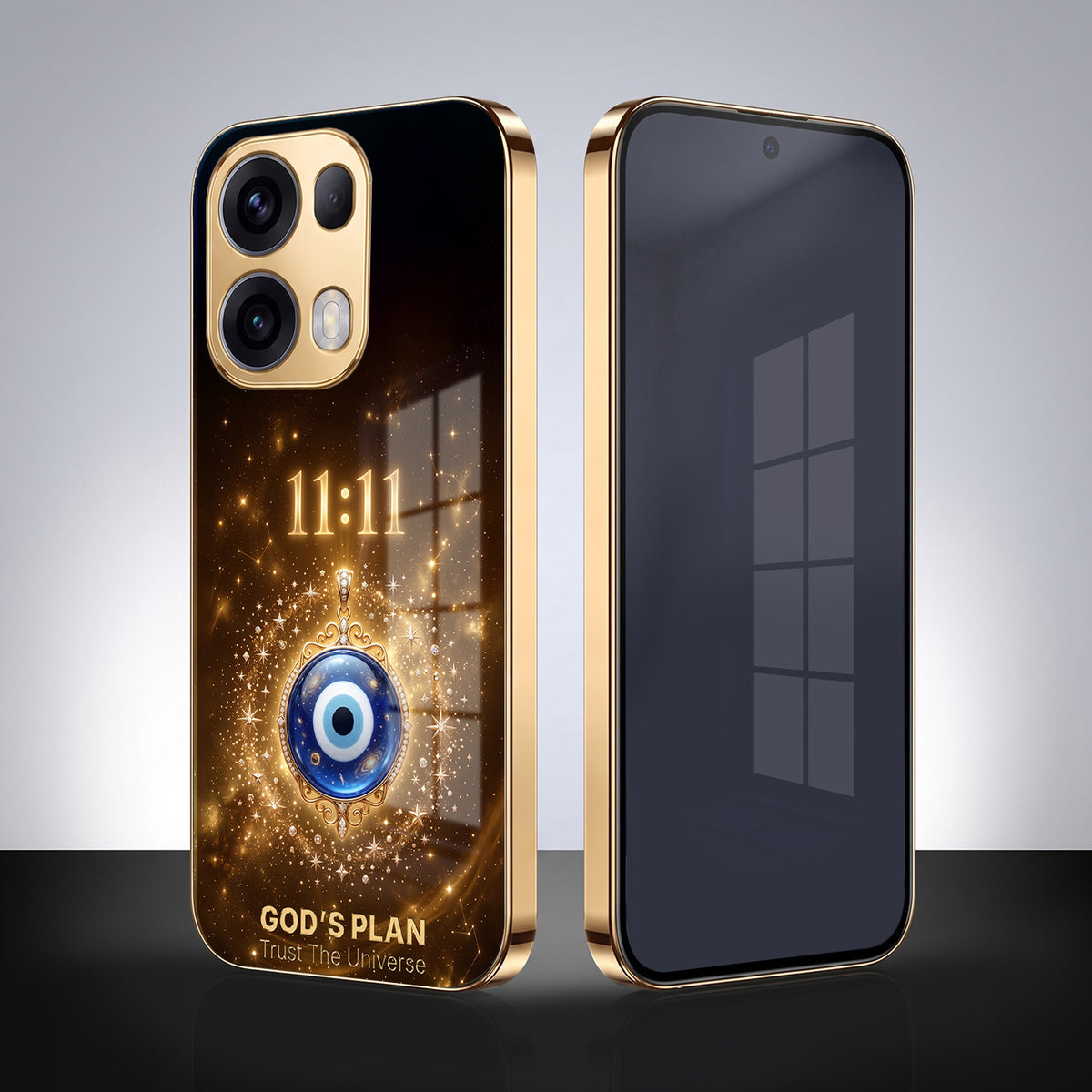 Oppo Reno 13 Pro 5G God’s Plan Evil Eye Gold Electroplated Glass Phone Back Case