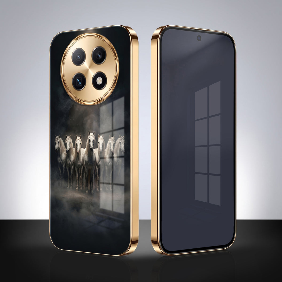 Oppo F29 Pro 5G Running Horses Gold Electroplated Glass Phone Back Case