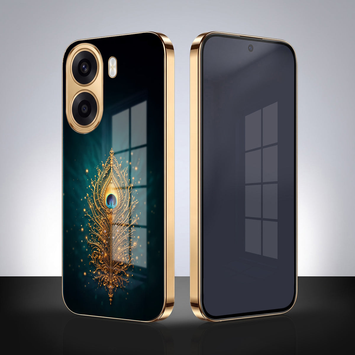 Oppo K14x 5G Golden Peacock Feather Gold Electroplated Glass Phone Back Case