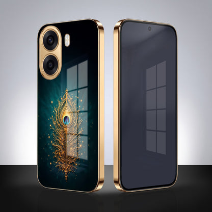 Oppo K14x 5G Golden Peacock Feather Gold Electroplated Glass Phone Back Case