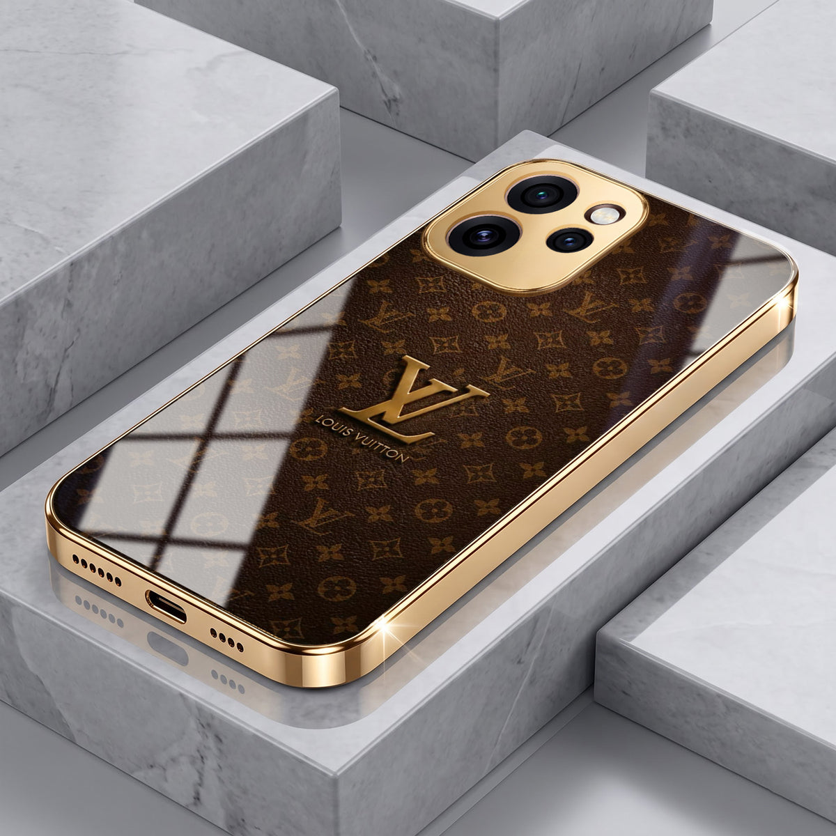 Oppo Reno 15 Pro Mini 5G LV Brown Monogram Gold Electroplated Glass Phone Back Case