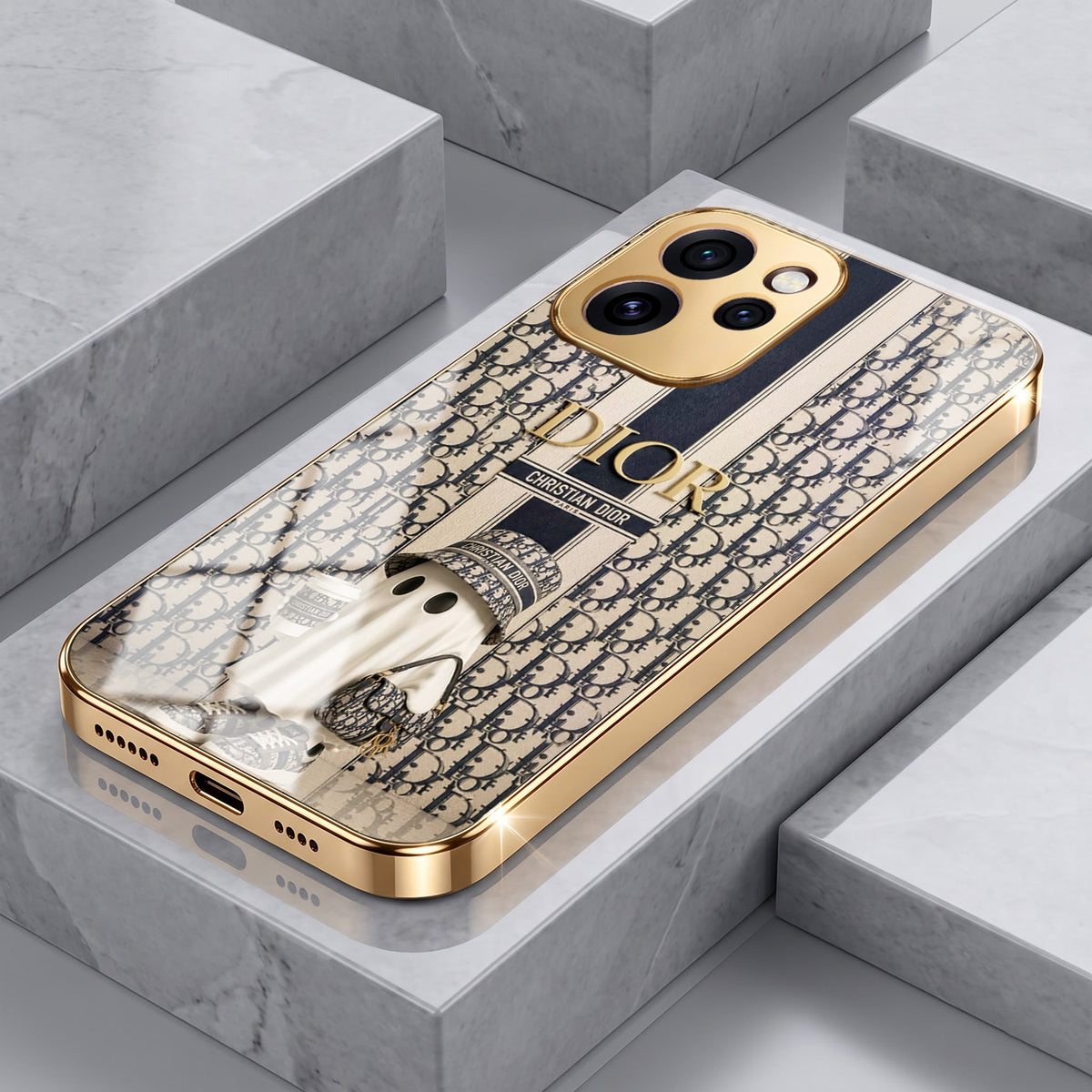 Oppo Reno 15 Pro Mini 5G Luxury Dior Gold Electroplated Glass Phone Back Case