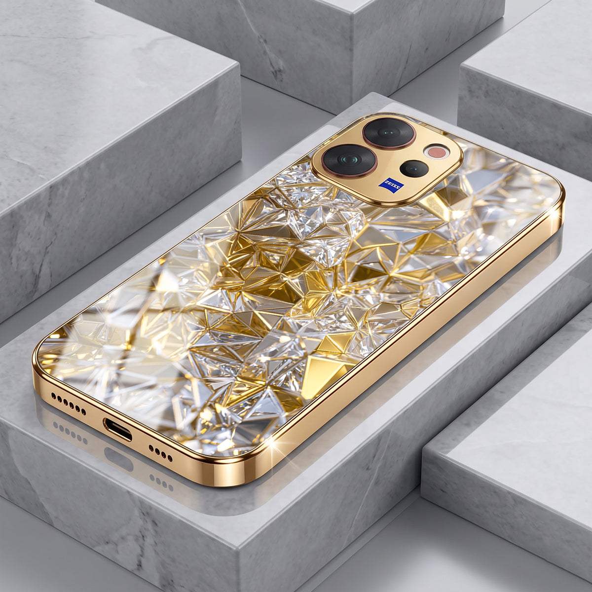 Vivo V70 5G White Diamond Shatter Gold Electroplated Glass Phone Back Case
