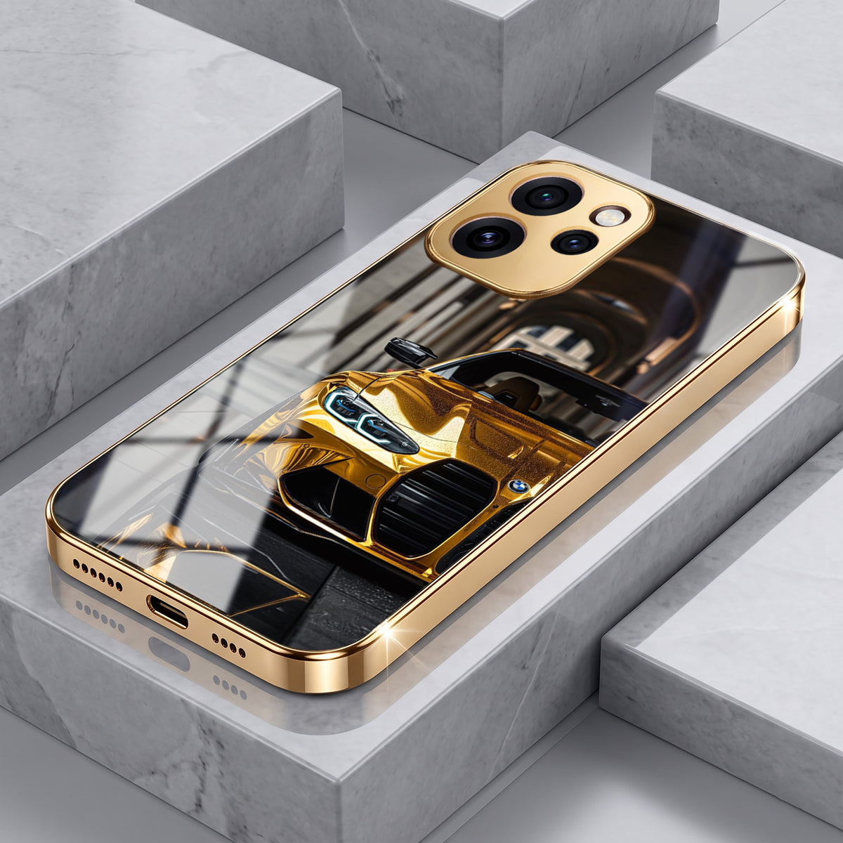 Oppo Reno 15 Pro Mini 5G Golden BMW Gold Electroplated Glass Phone Back Case