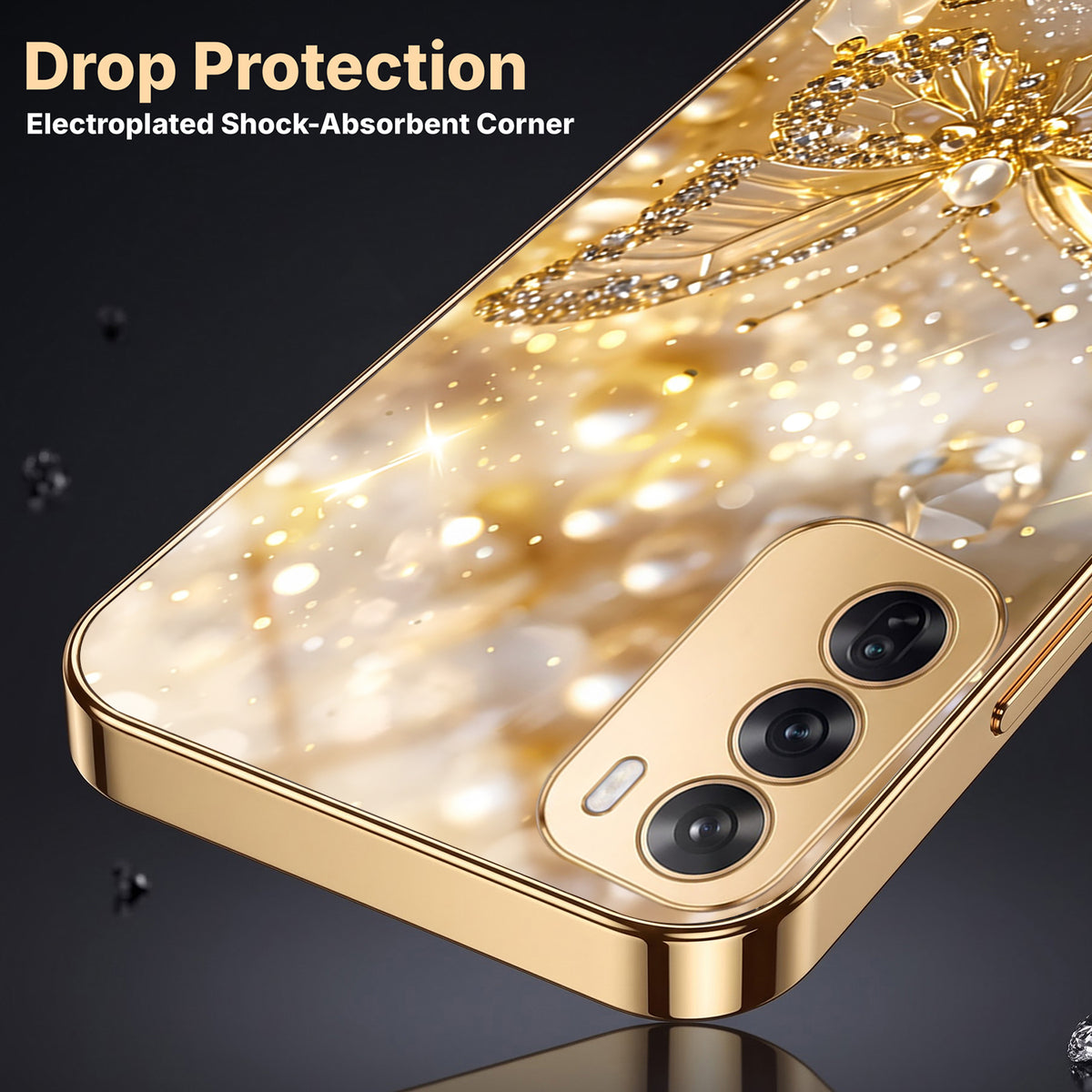 Oppo Reno 12 Pro 5G Golden Butterfly Gold Electroplated Glass Phone Back Case