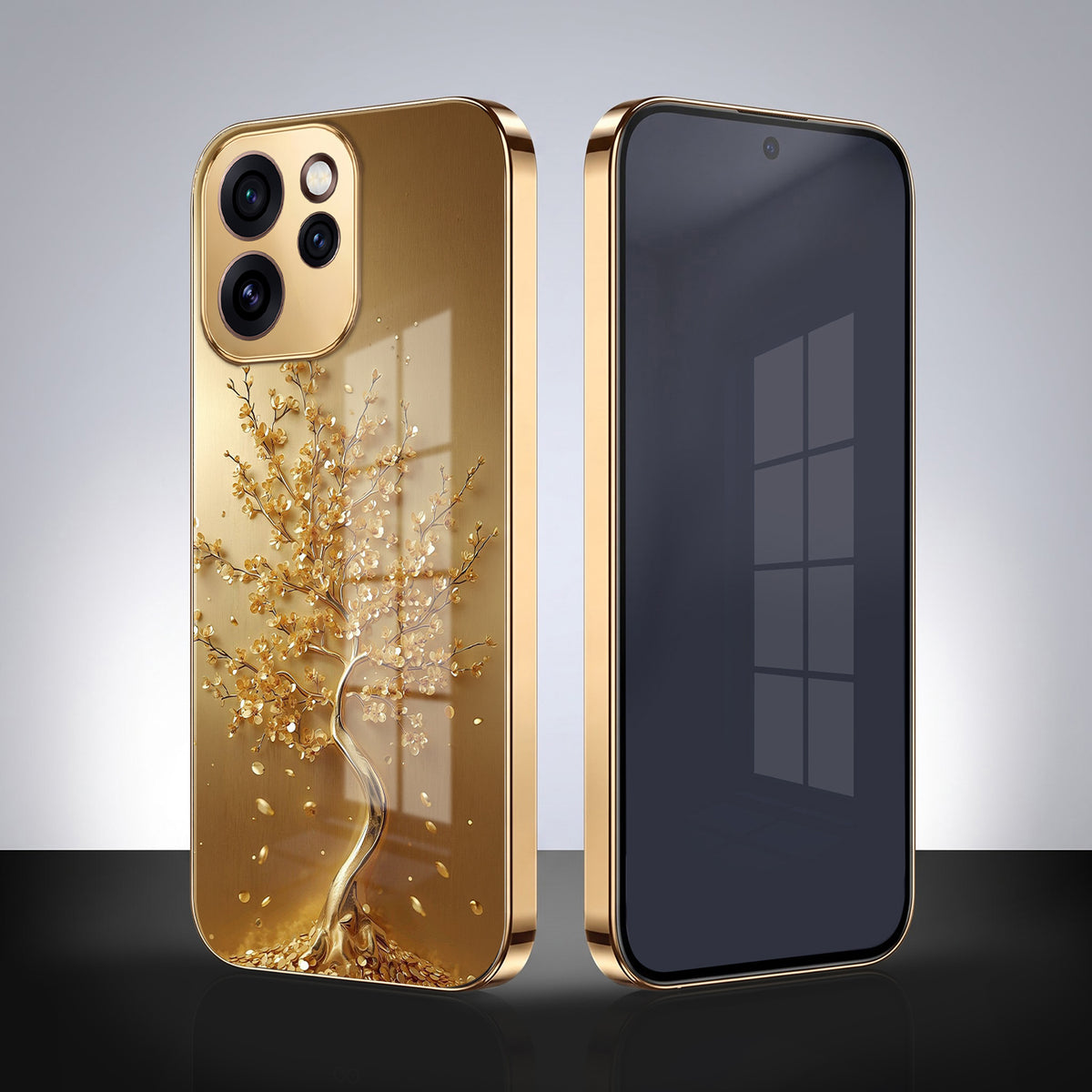 Oppo Reno 15 Pro Mini 5G Golden Tree Gold Electroplated Glass Phone Back Case