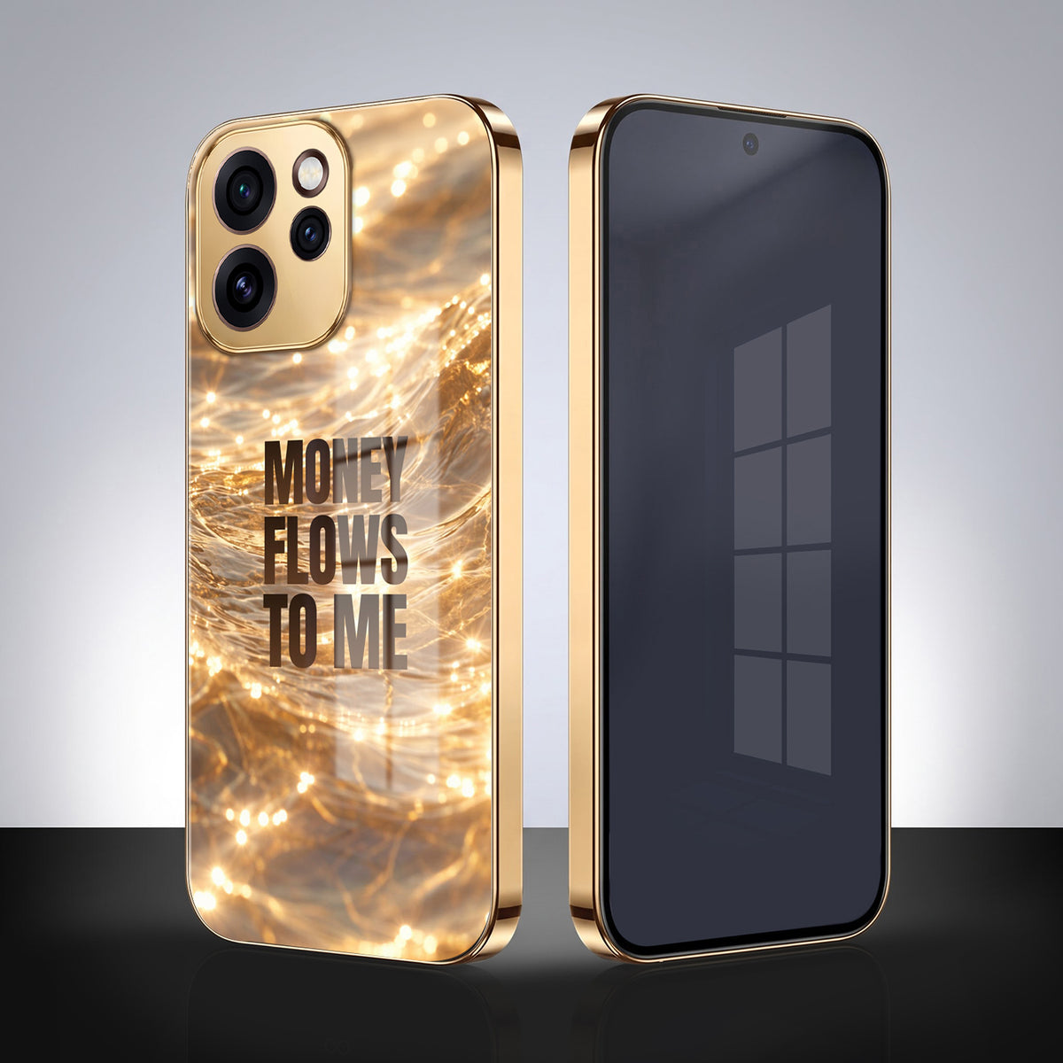 Oppo Reno 15 Pro Mini 5G Money Flows To Me Gold Electroplated Glass Phone Back Case