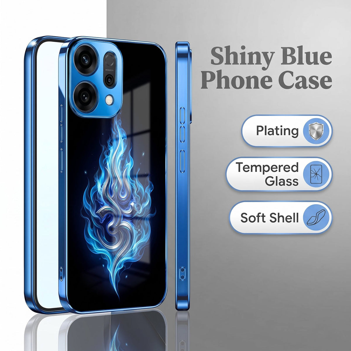Oppo Reno 14 5G Blue Flame OM Blue Electroplated Glass Phone Back Case