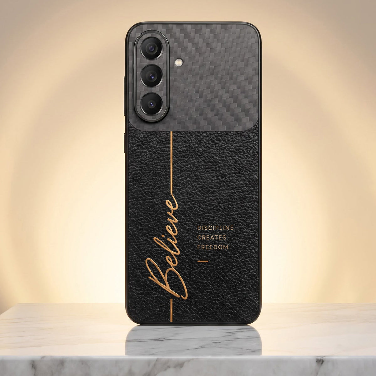 Samsung Galaxy A27 5G Belive Quote Carbon Fiber Leather Hybrid Back Case