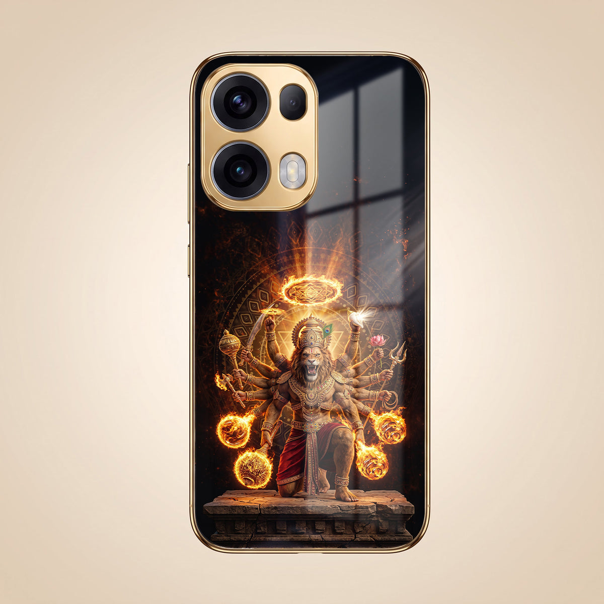 Oppo Reno 13 Pro 5G Lord Narasimha Gold Electroplated Glass Phone Back Case