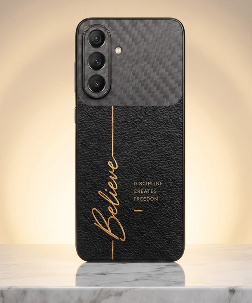 Samsung Galaxy A57 5G Belive Quote Carbon Fiber Leather Hybrid Back Case