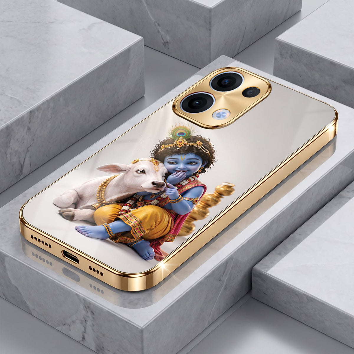 Oppo Reno 13 5G Bal Krishna Blessings Gold Electroplated Glass Phone Back Case