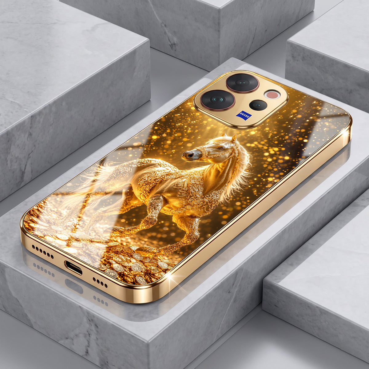 Vivo V50 5G Golden Horse Sparkle Gold Electroplated Glass Phone Back Case