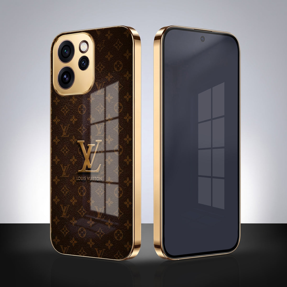 Oppo Reno 15 Pro Mini 5G LV Brown Monogram Gold Electroplated Glass Phone Back Case