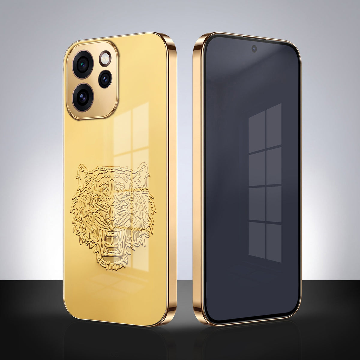 Oppo Reno 15 Pro Mini 5G Golden Tiger Face Gold Electroplated Glass Phone Back Case