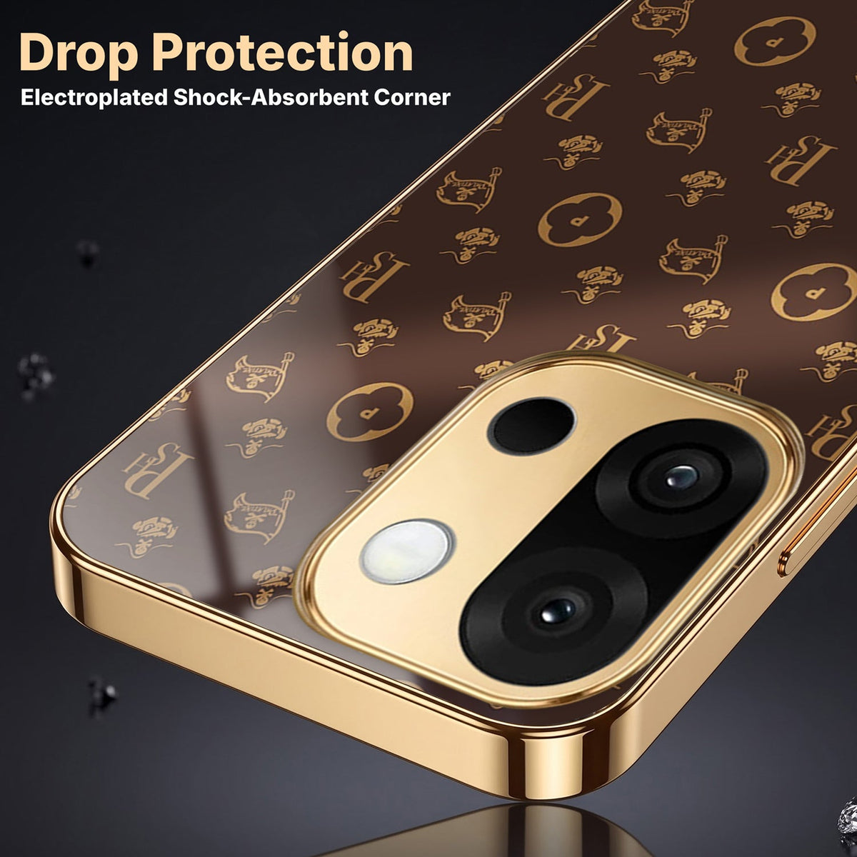 OnePlus 13s 5G Luxury Monogram Brown Gold Electroplated Glass Phone Back Case