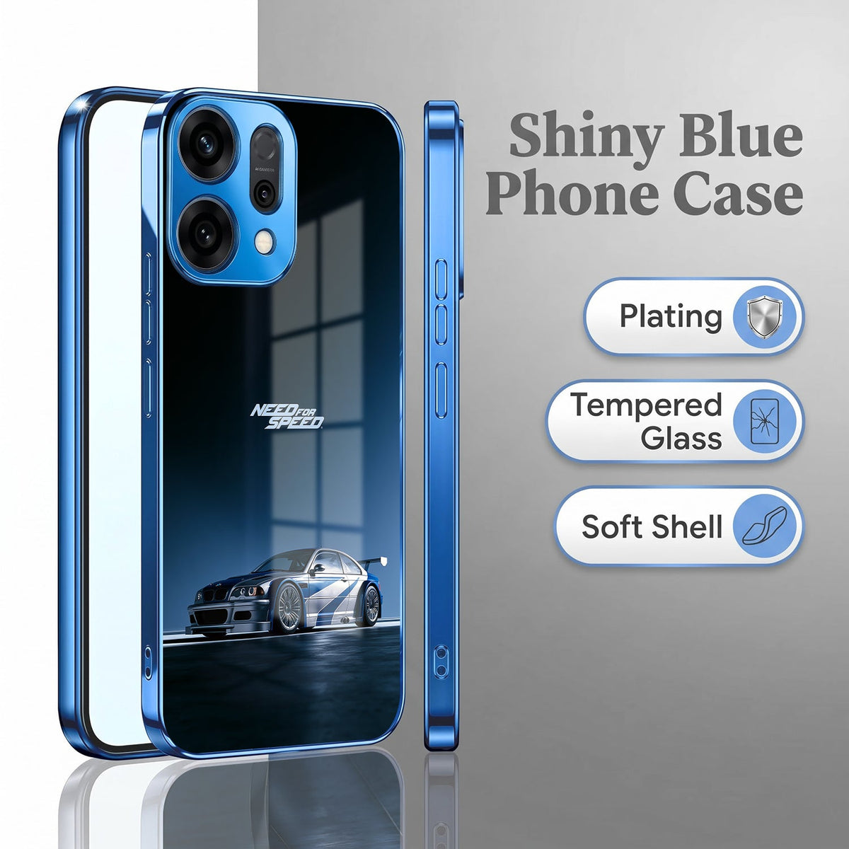 Oppo Reno 14 5G Need For Speed Blue Electroplated Glass Phone Back Case
