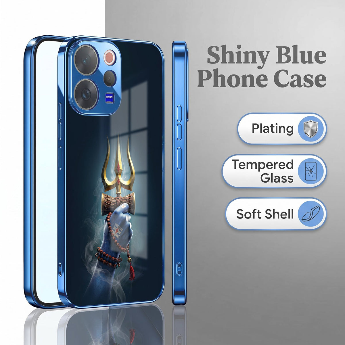 Vivo V70 5G Divine Shiva Trisul Blue Electroplated Glass Phone Back Case