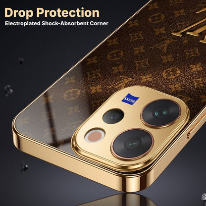 Vivo V70 5G LV Brown Monogram Gold Electroplated Glass Phone Back Case