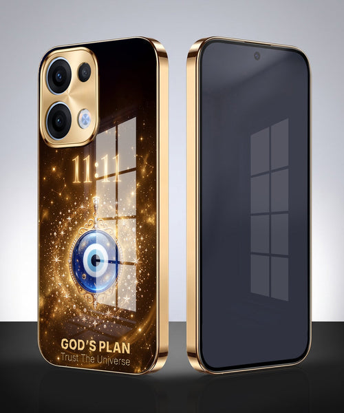 Oppo Reno 13 5G God’s Plan Evil Eye Gold Electroplated Glass Phone Back Case