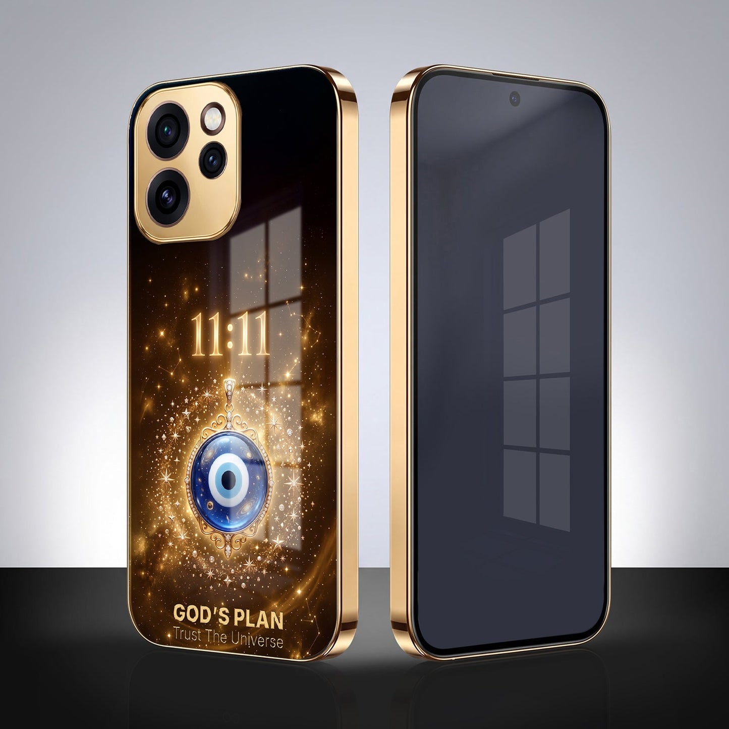 Oppo Reno 15 Pro Mini 5G God’s Plan Evil Eye Gold Electroplated Glass Phone Back Case