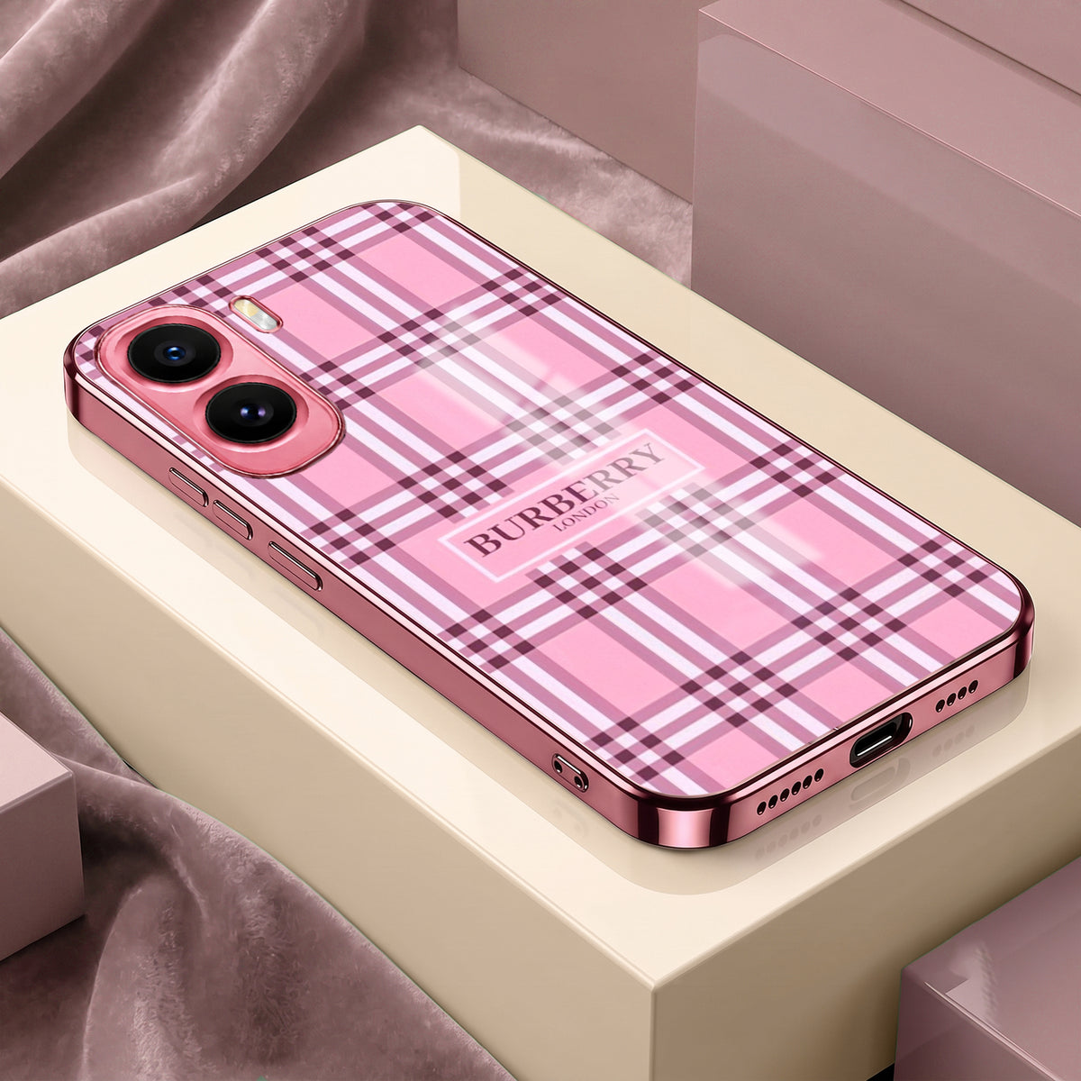 Vivo T5 Pro 5G Burberry Classic Pink Electroplated Glass Phone Back Case