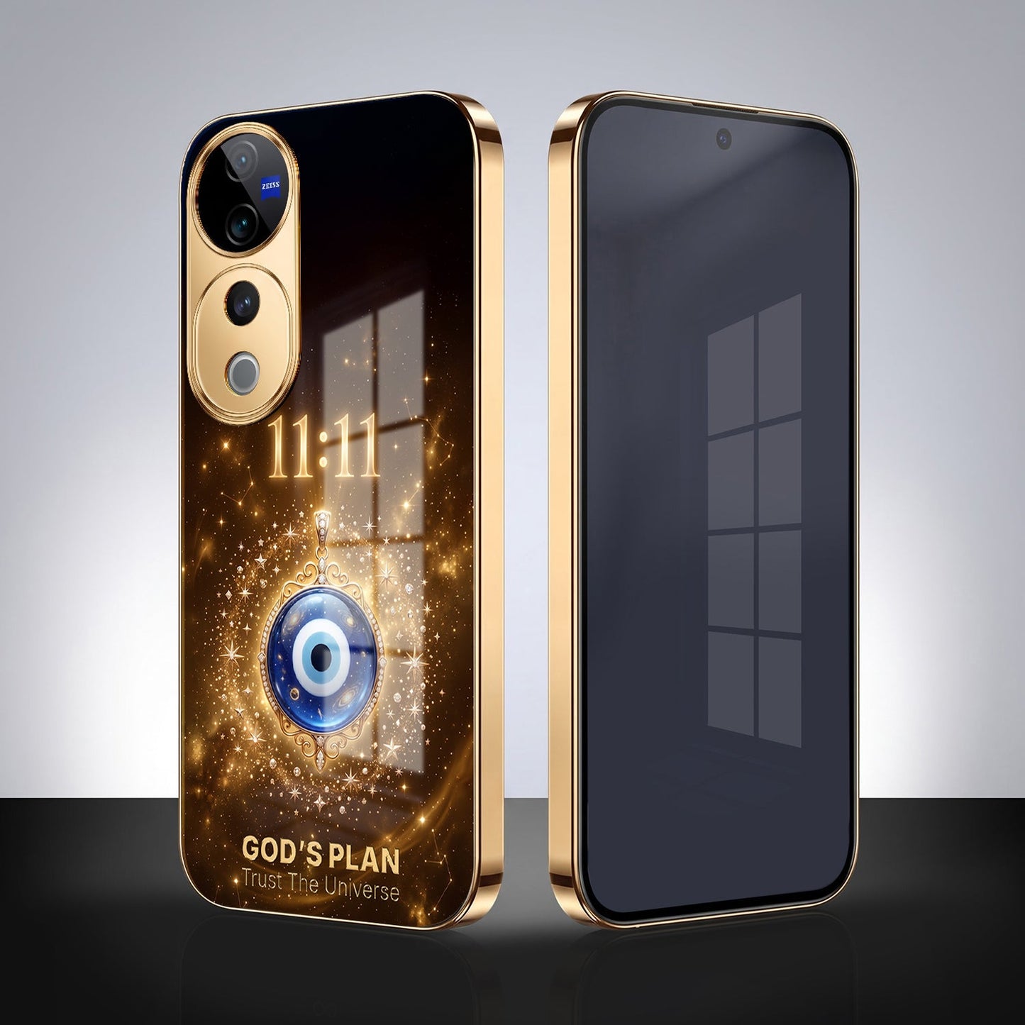 Vivo V40 Pro 5G God’s Plan Evil Eye Gold Electroplated Glass Phone Back Case