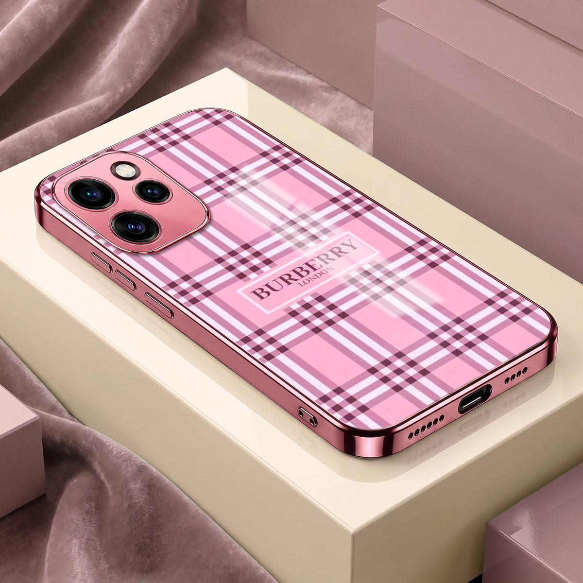 Oppo Reno 15 Pro 5G Burberry Classic Pink Electroplated Glass Phone Back Case