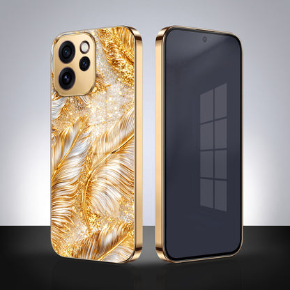 Oppo Reno 15 Pro Mini 5G Golden Feather Marble Gold Electroplated Glass Phone Back Case