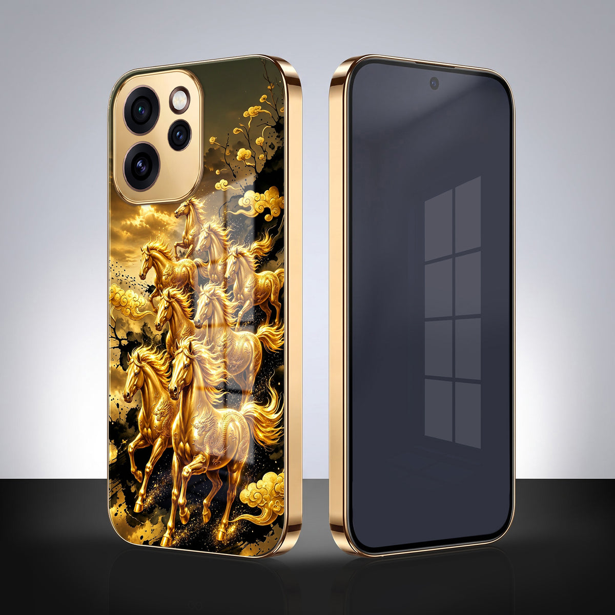 Oppo Reno 15 Pro Mini 5G Horses Royal Glory Gold Electroplated Glass Phone Back Case