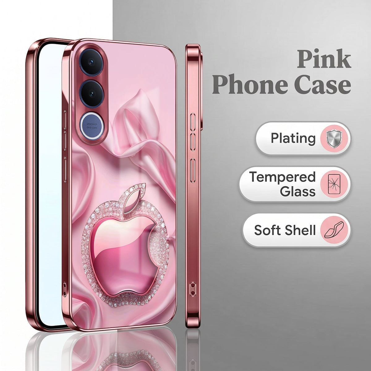Vivo V70 FE 5G Luxury Apple Logo Pink Electroplated Glass Phone Back Case