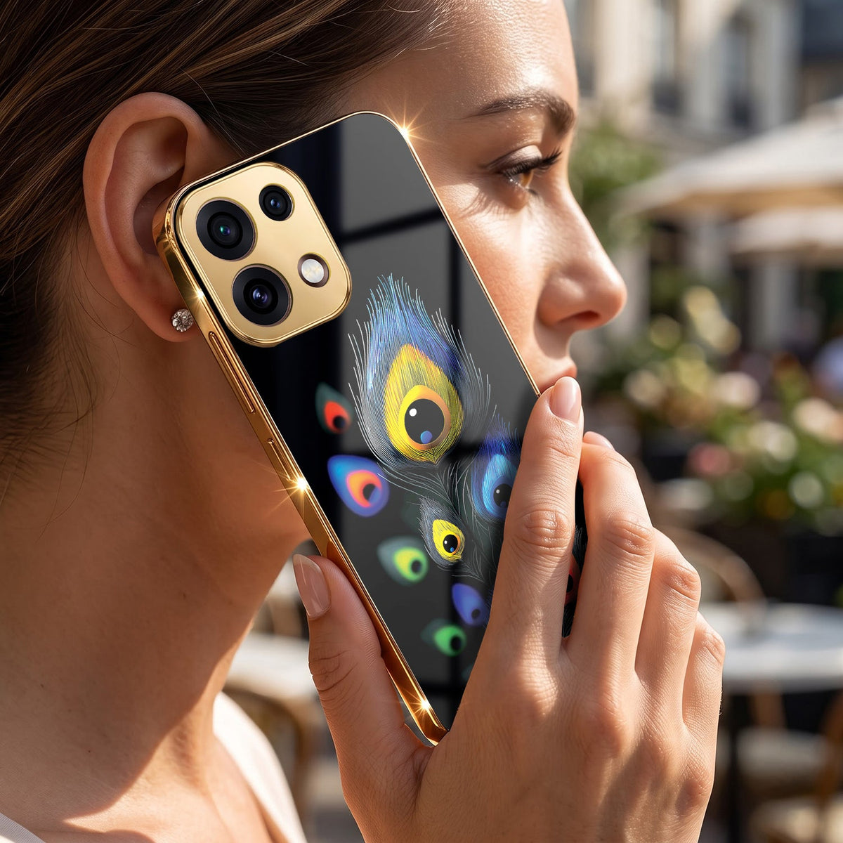 Oppo Reno 16C 5G Multi-Feather Peacock Gold Electroplated Glass Phone Back Case
