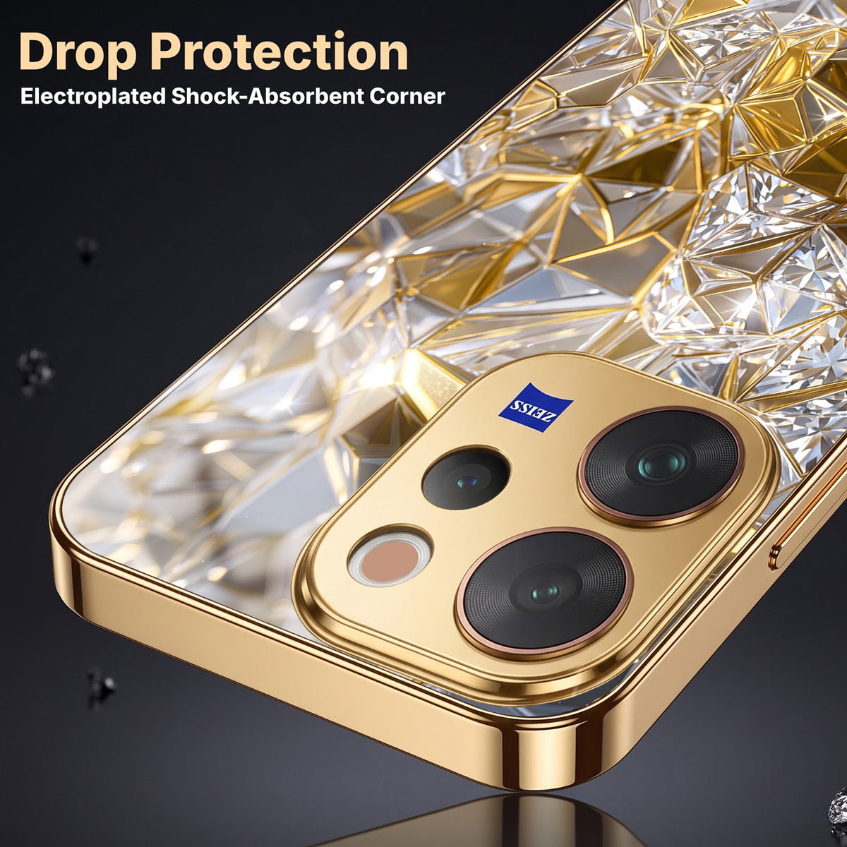 Vivo V70 5G White Diamond Shatter Gold Electroplated Glass Phone Back Case
