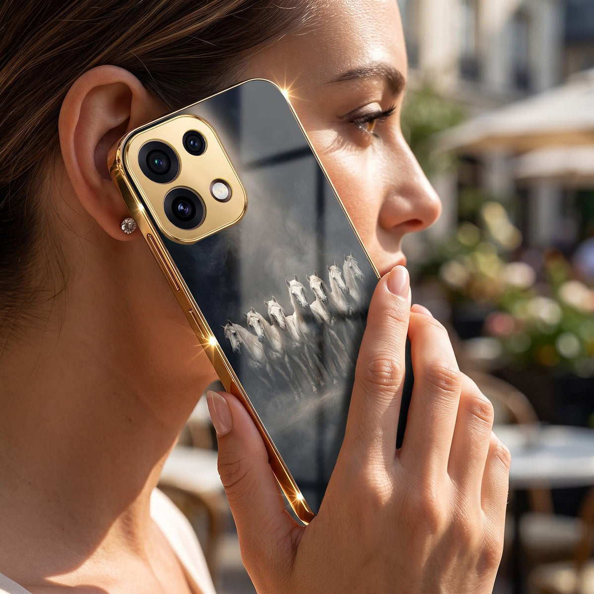 Oppo Reno 16C 5G Running Horses Gold Electroplated Glass Phone Back Case