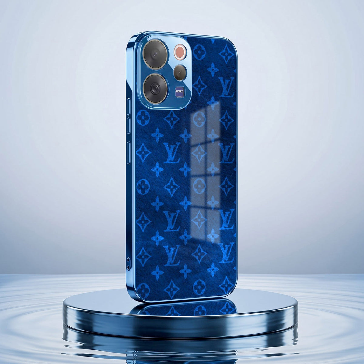 Vivo V70 5G Luxury Monogram Blue Electroplated Glass Phone Back Case