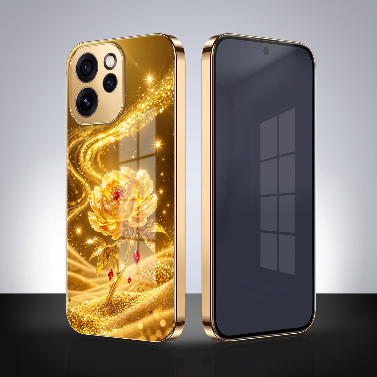 Oppo Reno 15 Pro Mini 5G Golden Rose Elegance Gold Electroplated Glass Phone Back Case