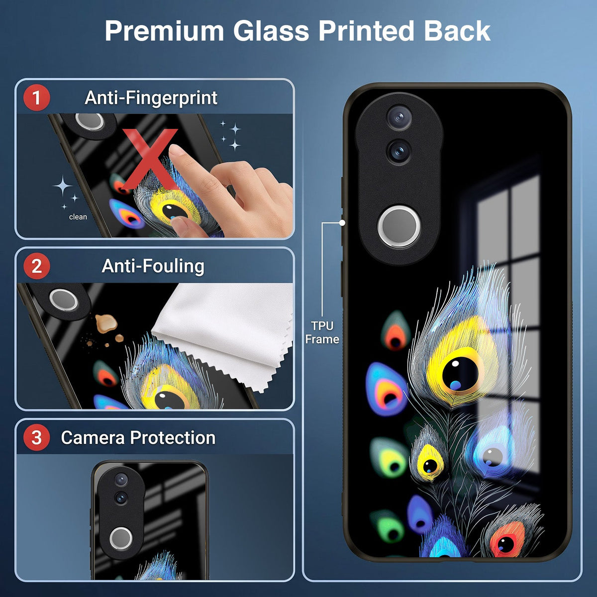 Vivo V50 5G Premium Peacock Feather Acrylic Glass Back Case