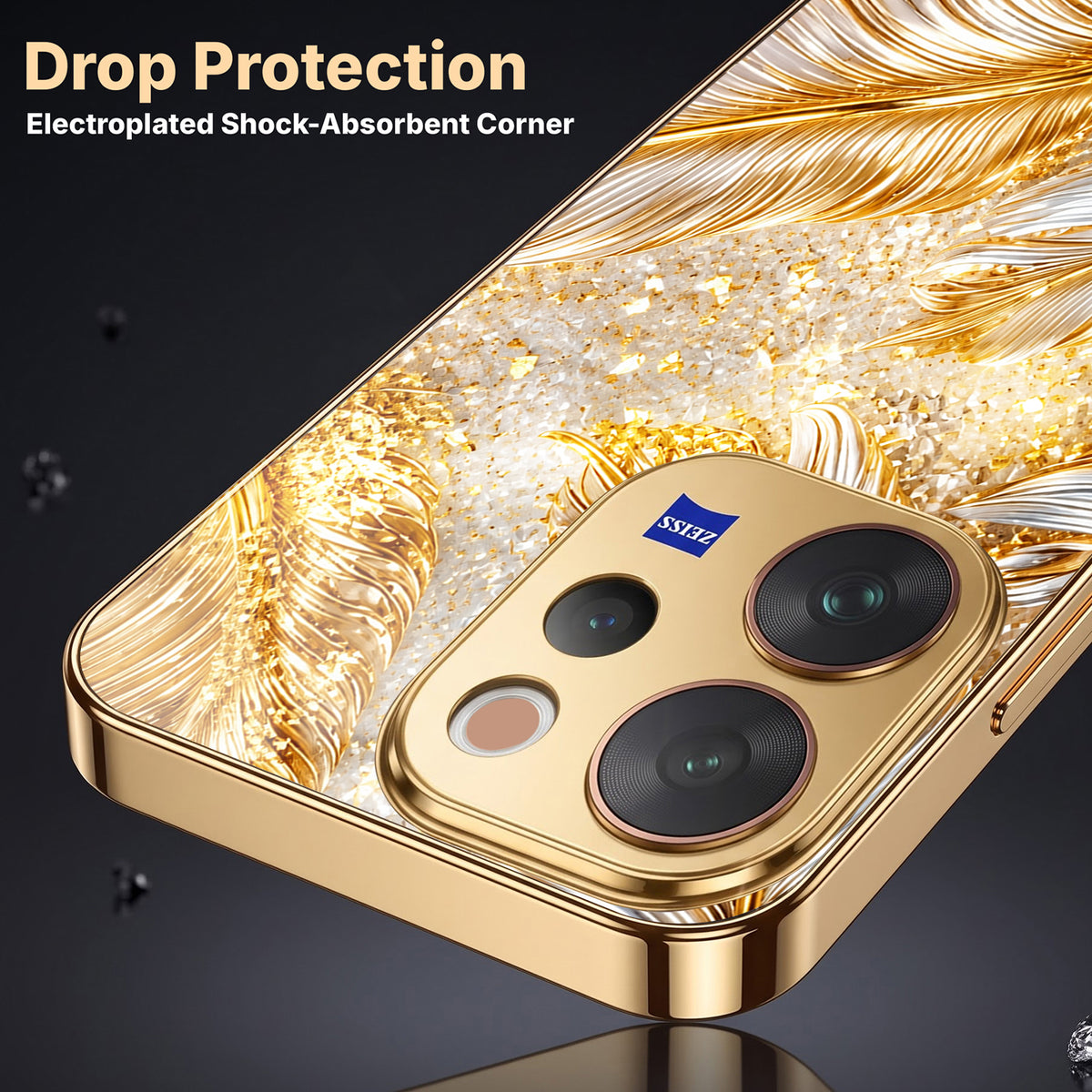 Vivo V70 5G Golden Feather Marble Gold Electroplated Glass Phone Back Case