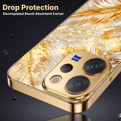Vivo V70 5G Golden Feather Marble Gold Electroplated Glass Phone Back Case