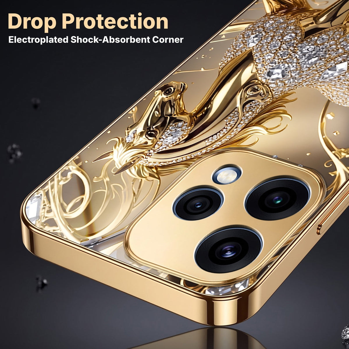 Oppo Reno 15 5G Luxury Horse Texture Gold Electroplated Glass Phone Back Case