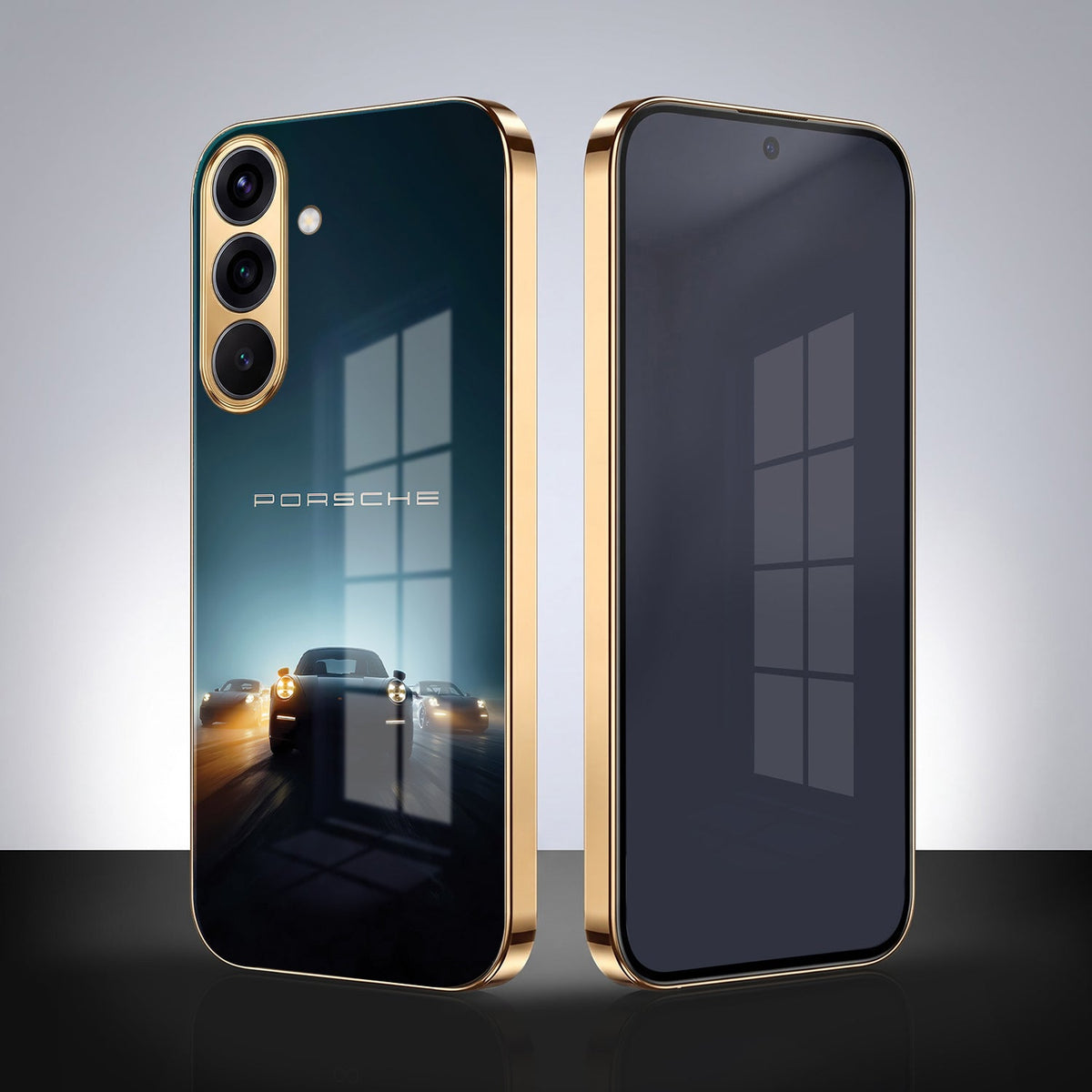 Samsung Galaxy A56 5G Porsche Luxury Gold Electroplated Glass Phone Back Case