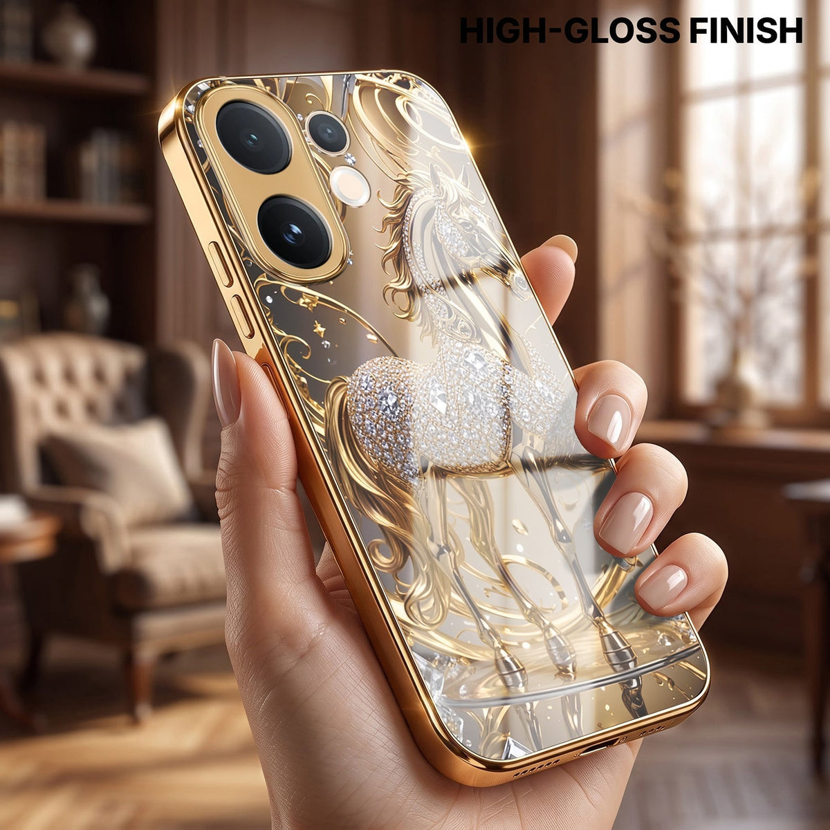 Vivo V60 5G Luxury Horse Texture Gold Electroplated Glass Phone Back Case