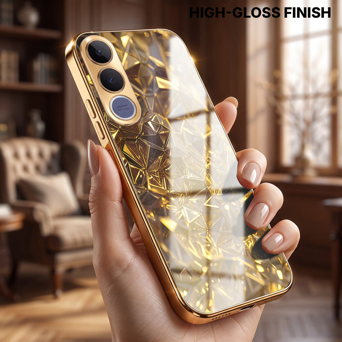 Vivo V70 FE 5G Golden Diamond Shatter Gold Electroplated Glass Phone Back Case