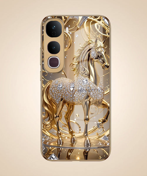 Vivo Y400 Pro 5G Luxury Horse Texture Gold Electroplated Glass Phone Back Case